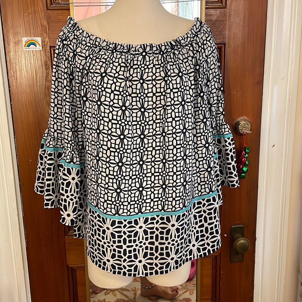 Off Shoulder Summery Navy & White Top